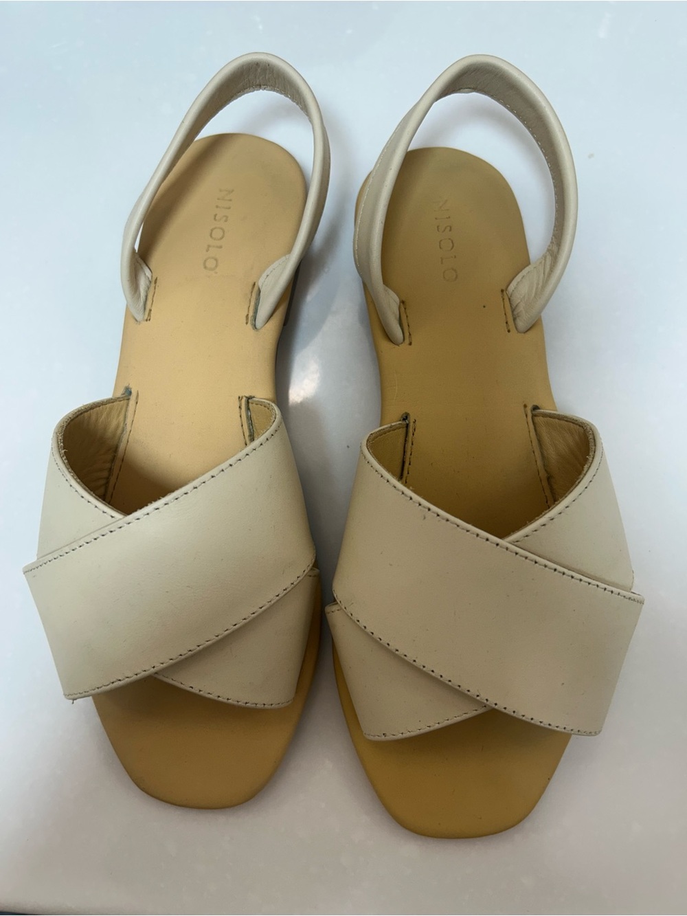 Nisolo Cream Leather Cross-Strap Slingback Sandals